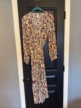 H&M Floral Wrap Midi Dress in Yellow, Red & Navy